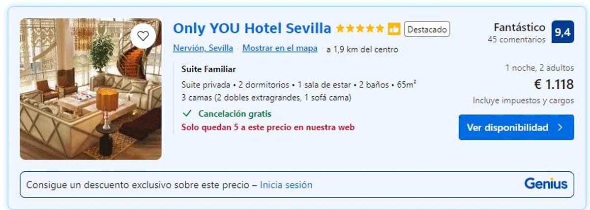 Precio de una suite en el hotel Only You en Sevilla