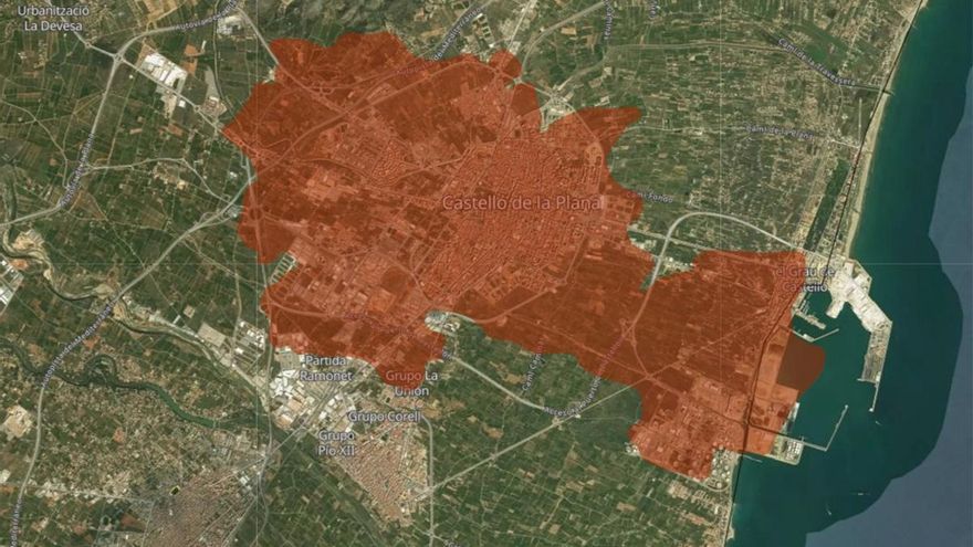 Simulación: Área afectada en el incendio sobrepuesta en el término municipal de Castelló