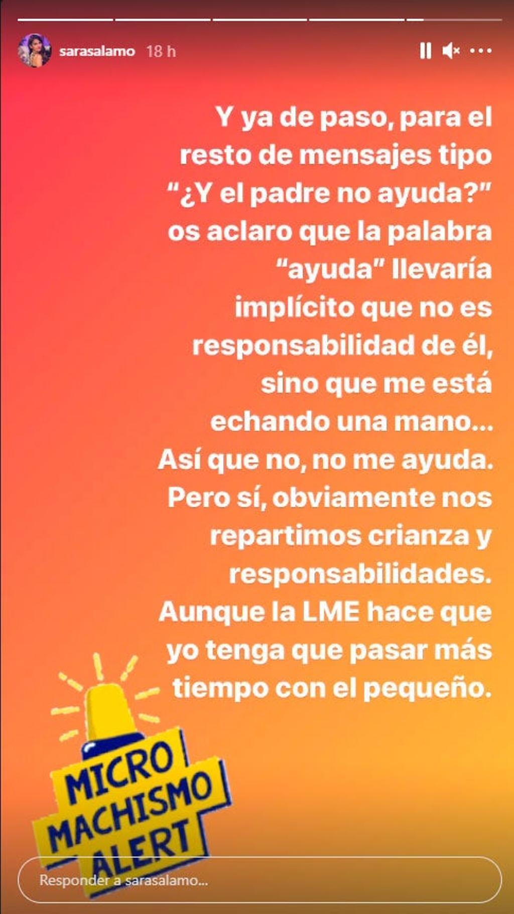 Sara Sálamo y el 'Instagram story' que ha publicado contra un 'micromachismo'