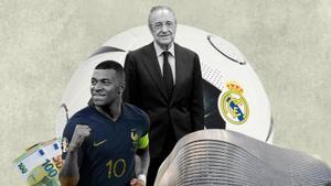 Montaje con Florentino Pérez, presidente del Real Madrid, y Kilian Mbappé, jugador del club, junto al estadio Santigo Bernabéu.