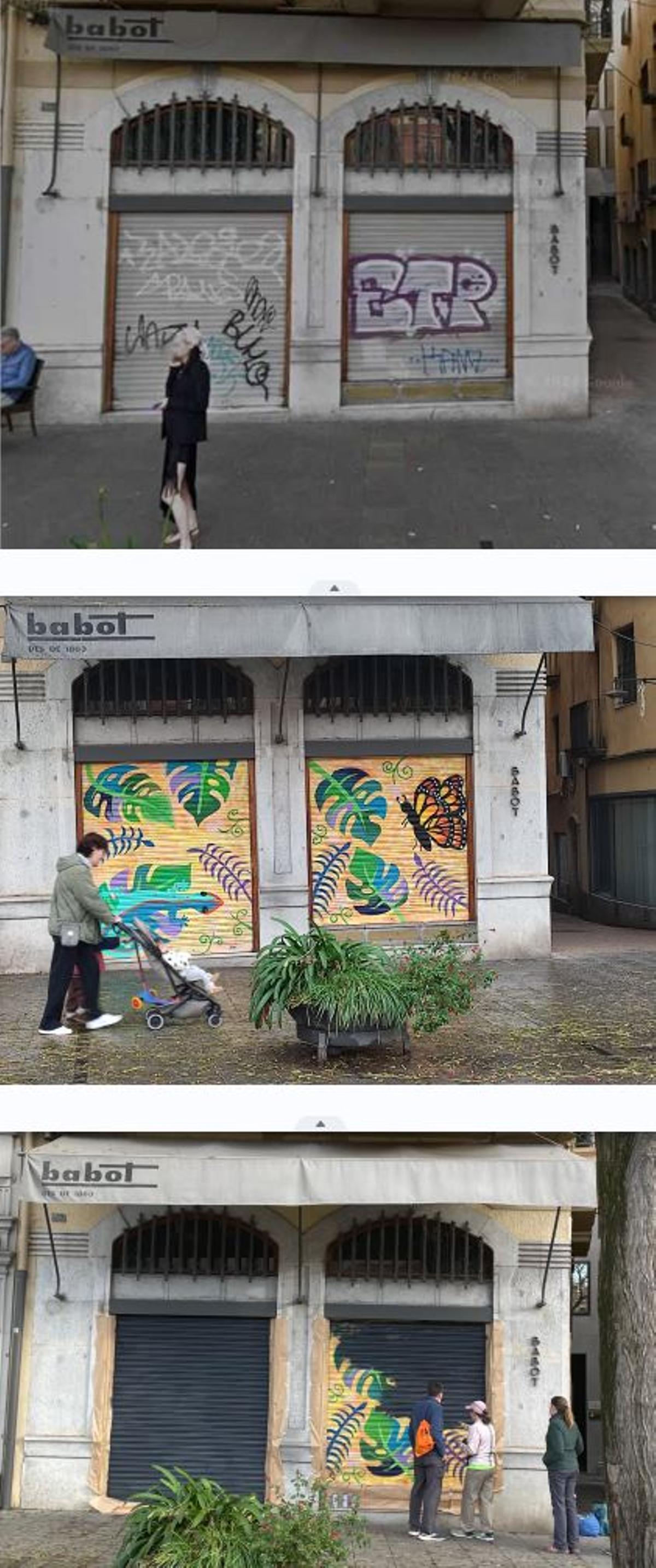 La persiana ababs del mural, en la primera imatge. El mural, en la segona imatge. Monica Smith esborrant el mural, a la tercera imatge.