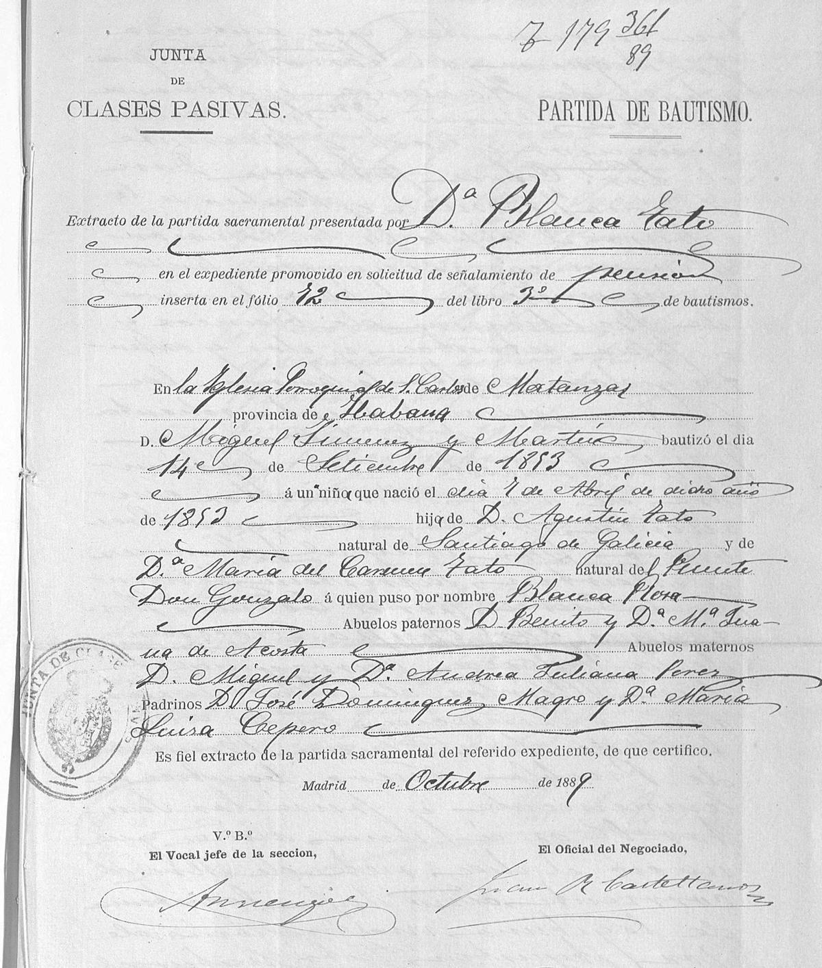 Certificación da acta bautismal de Blanca Tato, outubro de 1889.