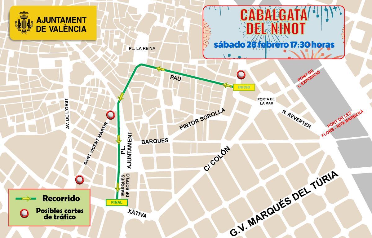 Itinerario de la Cabalgata del Ninot, este sábado, en València.