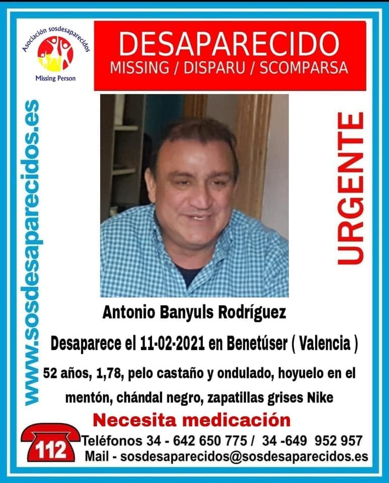 Buscan a Antonio Banyuls, desaparecido en Benetússer.