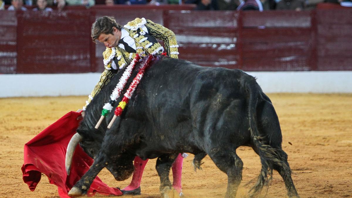 El diestro Julián López, ‘El Juli’, da un pase a uno de los toros de su lote en el festejo de Olivenza.