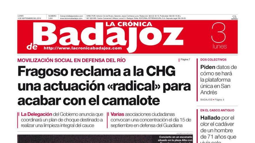 Esta es la portada de LA CRÓNICA DE BADAJOZ correspondiente al día 3 de septiembre del 2018