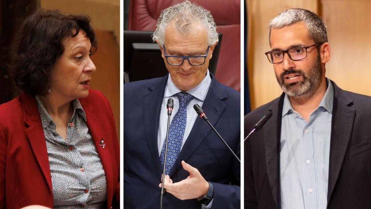 María Marín (Podemos), el consejero de Salud, Juan José Pedreño, y Francisco Lucas (PSOE).
