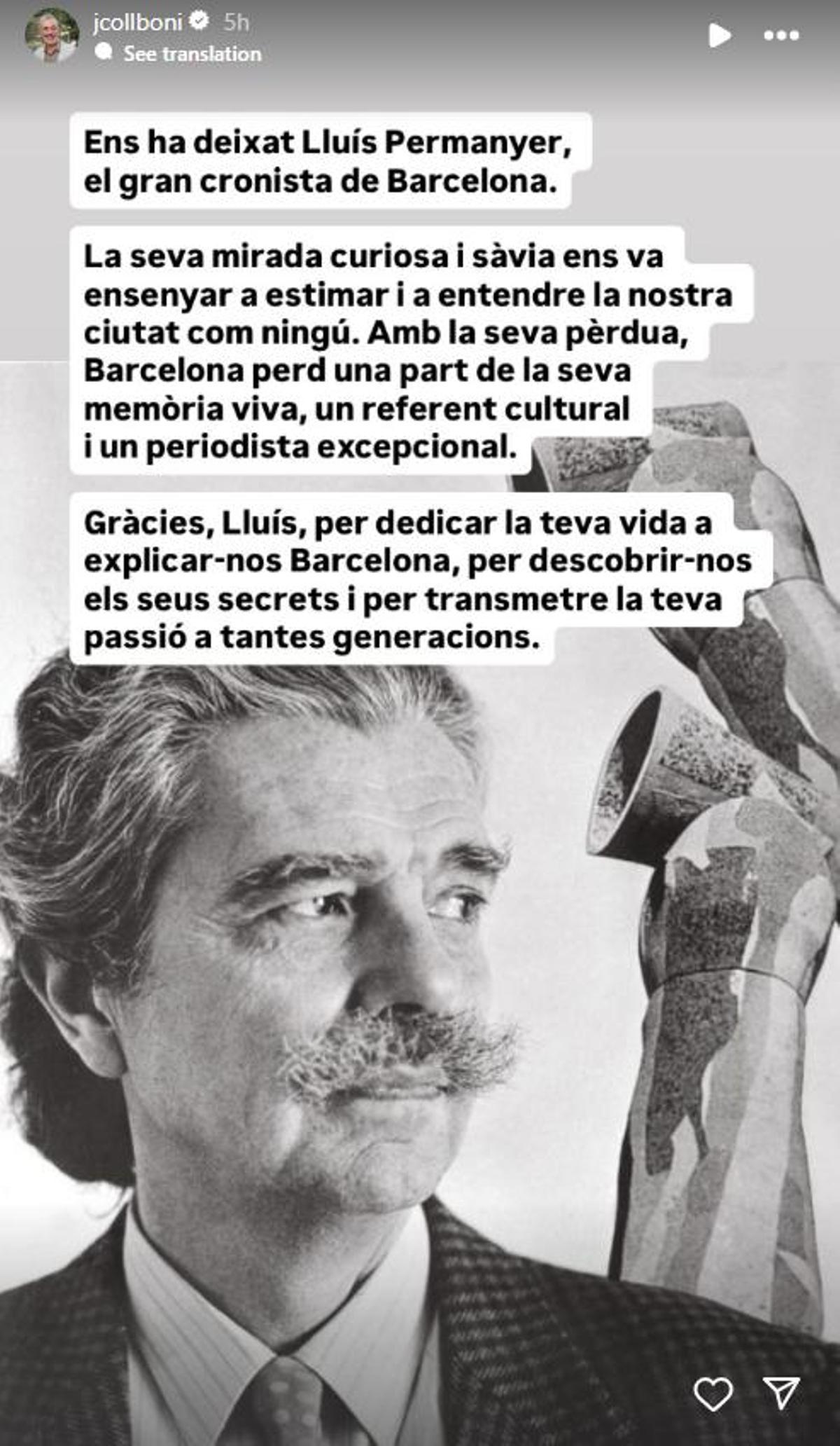 Mensaje de Jaume Collboni por la muerte de Lluís Permanyer