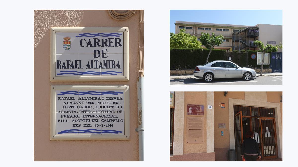 Calle, colegio y biblioteca que llevan el nombre de Rafael Altamira en El Campello.