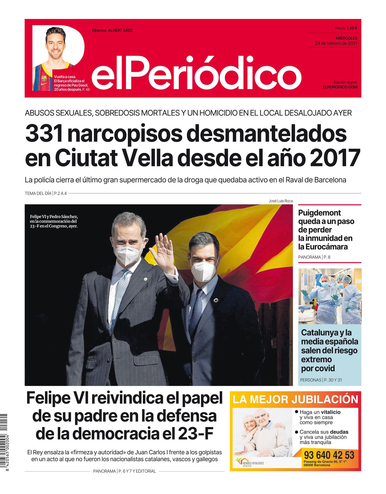 La portada de EL PERIÓDICO del 24 de febrero de 2021