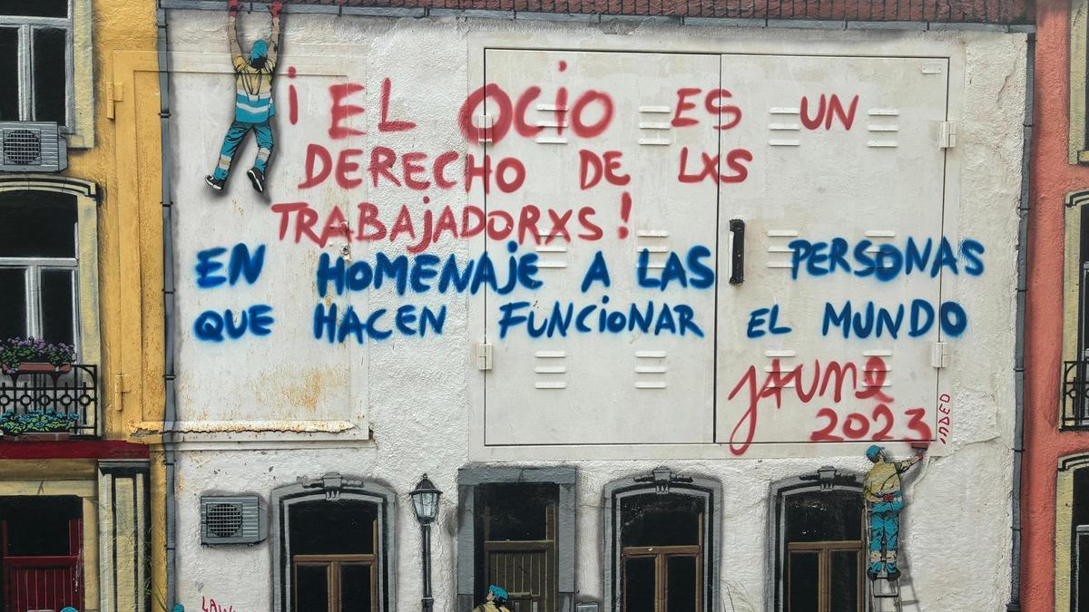 Una de las escenas dibujadas en el mural del artista belga Jaune_Art, en Madrid.