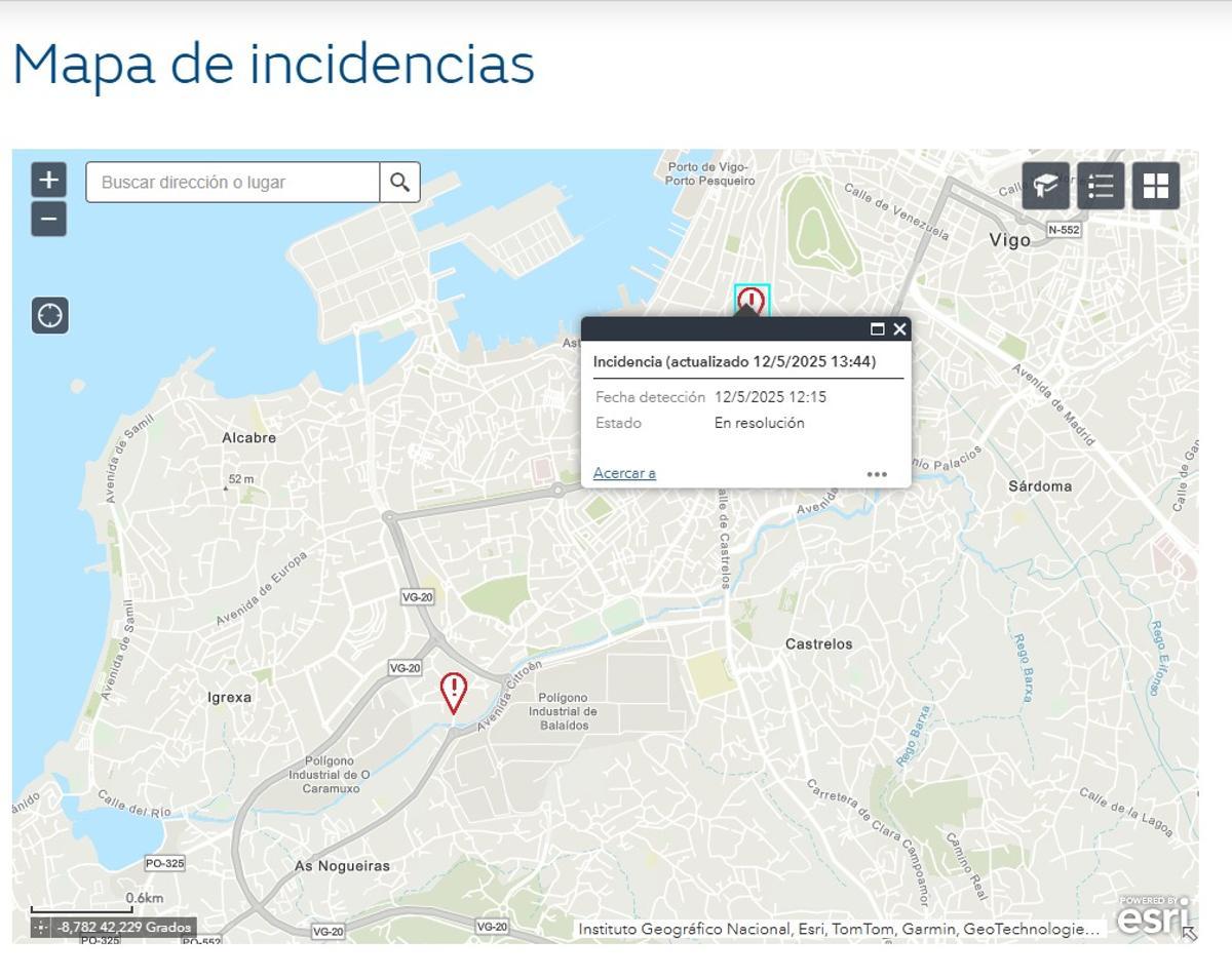 Mapa de incidencias con los dos cortes de luz en Vigo este lunes