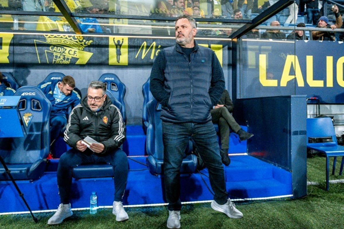 David Navarro, técnico del Real Zaragoza, en un encuentro de la actual temporada.