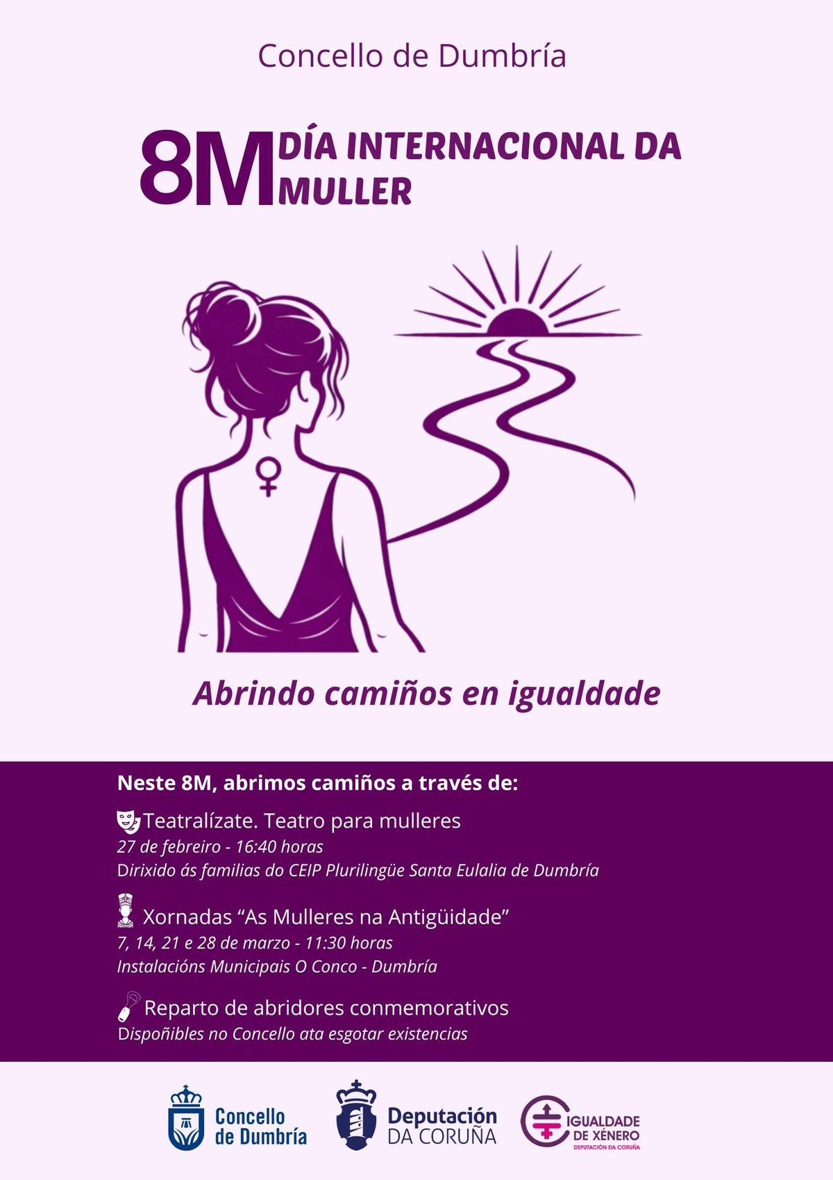 Cartel promocional das actividades do 8M en Dumbría.
