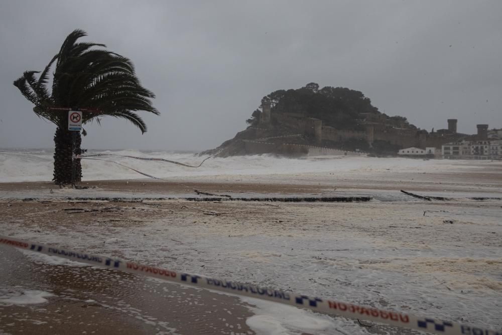 El temporal omple d'escuma de mar carrers de Tossa de Mar