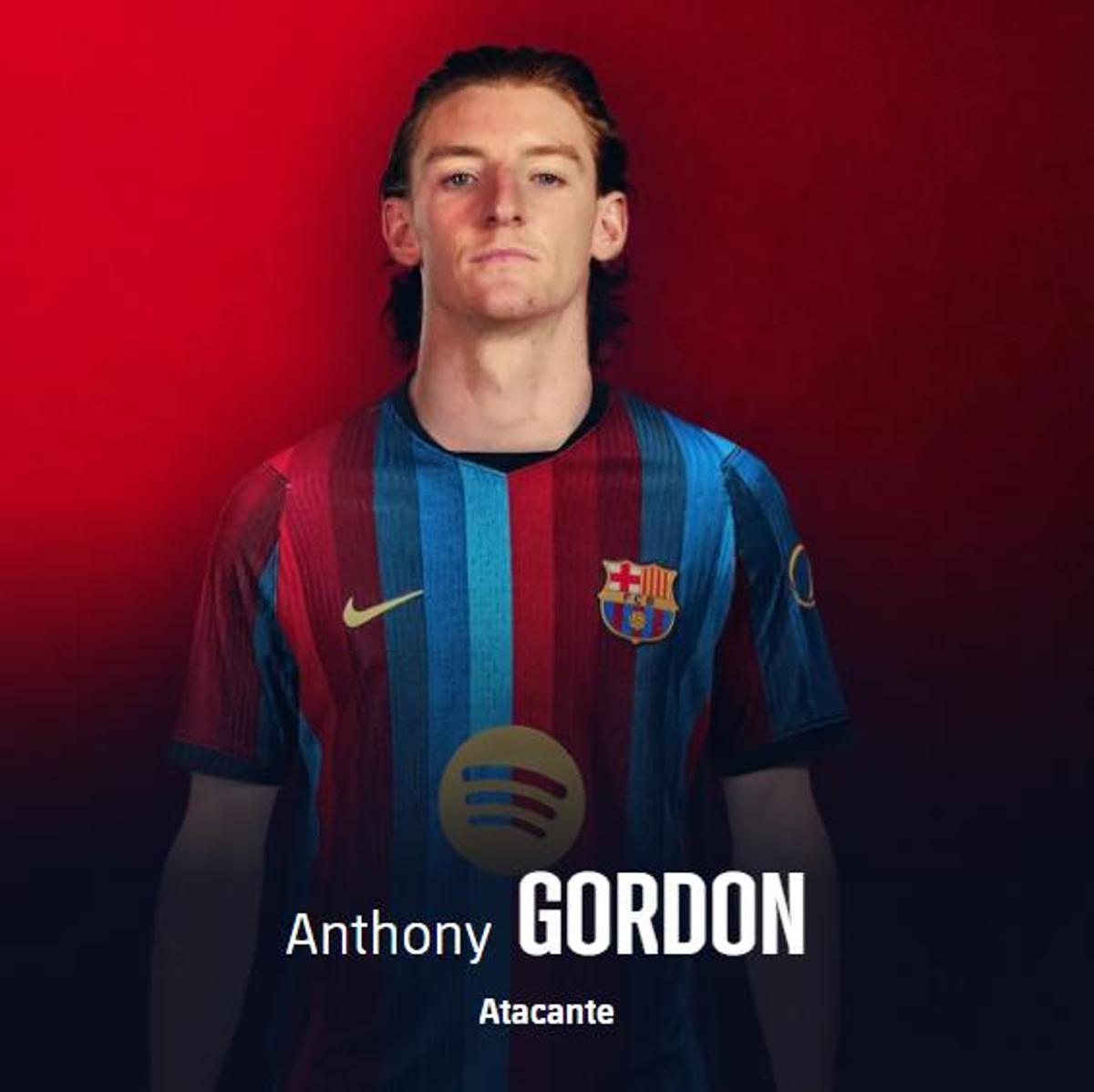 Anthony Gordon ya aparece en la página web del Barça