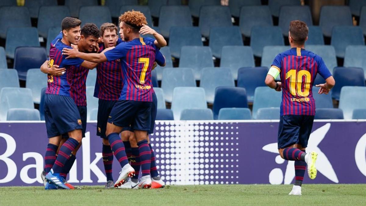 Los azulgranas celebran el gol de Lucas que abrió el marcador