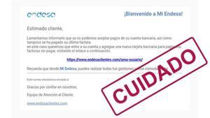Correo ’phishing’ que suplanta a Endesa.
