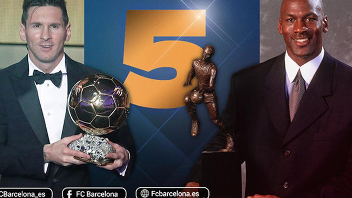 Leo Messi con uno de sus FIFA Balón de Oro y Michael Jordan con uno de sus MVP de la temporada de la NBA
