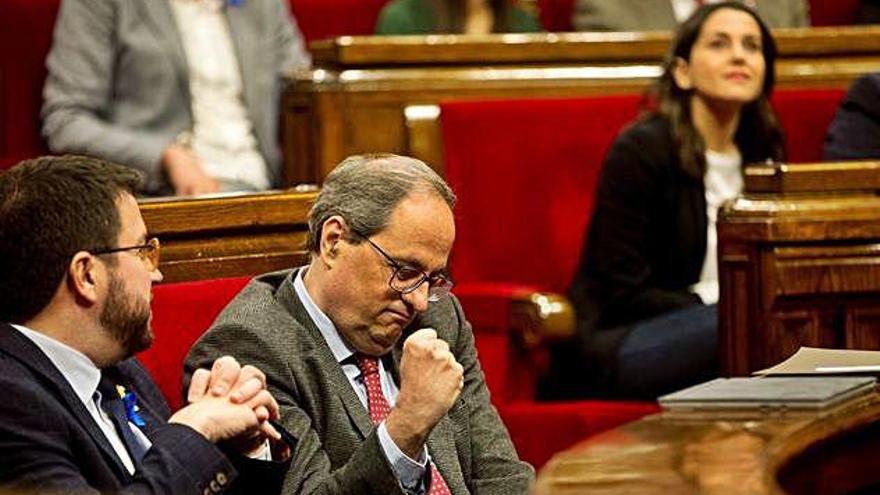 Quim Torra, amb Pere Aragonès i Inés Arrimadas de fons.