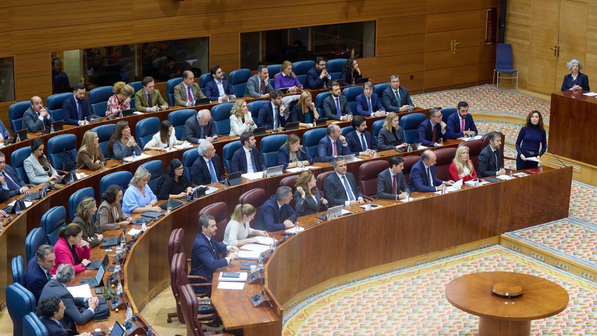 Isabel Díaz Ayuso junto a toda la bancada del PP en la Asamblea de Madrid.