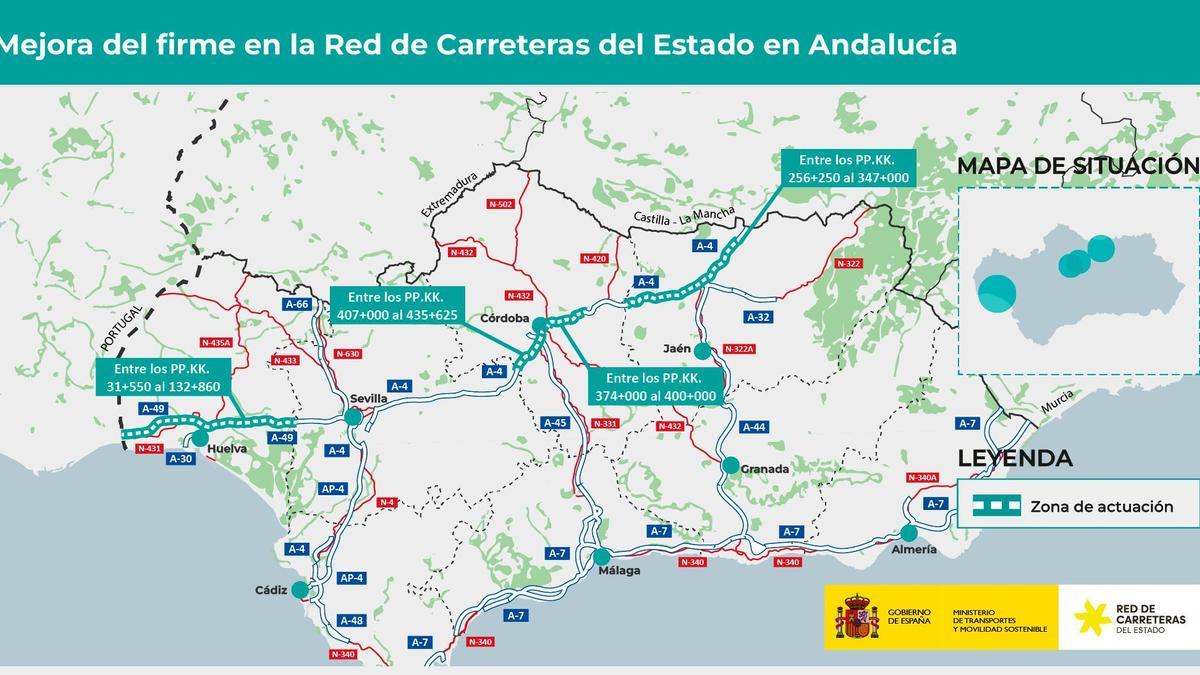 Actuaciones en las distintas carreteras de Andalucía anunciadas por el Ministerio de Transportes.