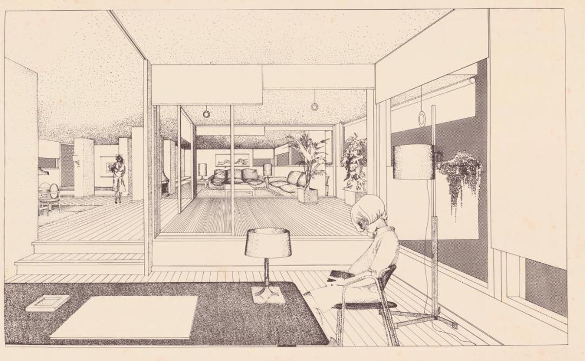 Perspectiva de l’edifici d’habitatges al carrer Rosari, 47 de Barcelona (c.1976), obra d’Alfred Fernández de la Reguera, Gilbert López i Elisabet Tayà.