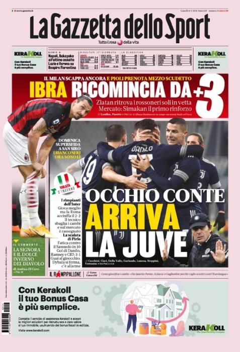 Portada GAZZETTA DELLO SPORT lunes 11 enero 2021