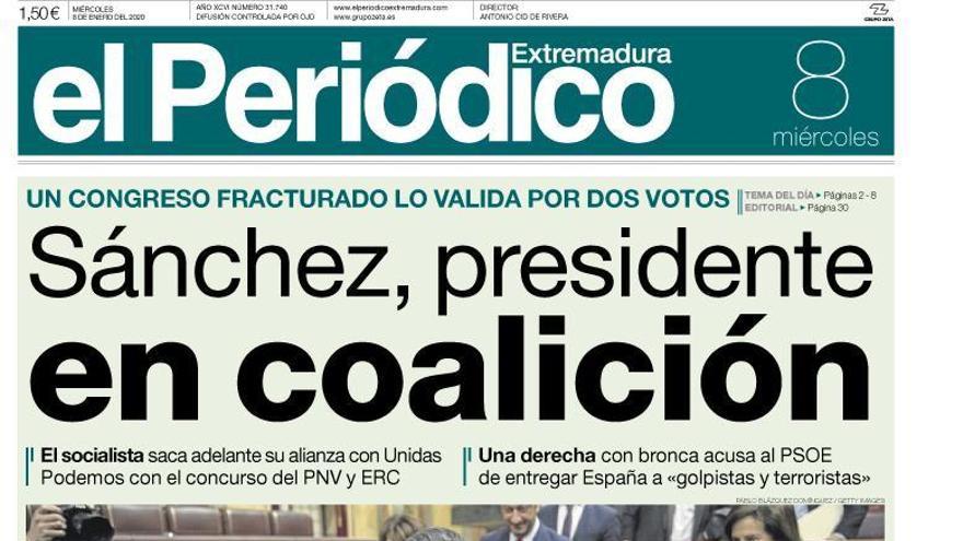 Esta es la portada de EL PERIÓDICO EXTREMADURA correspondiente al día 8 de enero del 2020