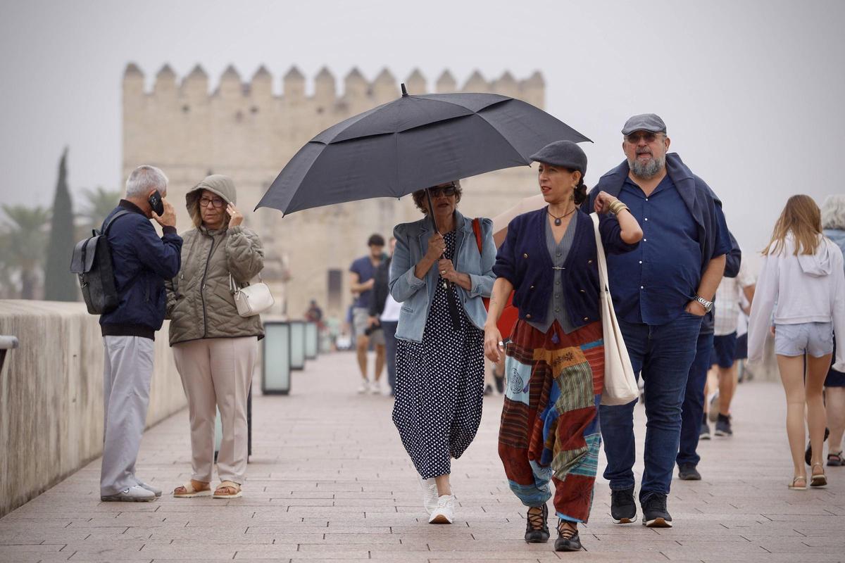 Un grupo de turistas se protege de la lluvia esta semana en el Puente Romano de Córdoba.