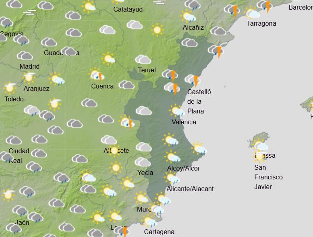 Predicción de la Aemet para el mediodía del lunes cuando sigue el riesgo 'meteorológico'.