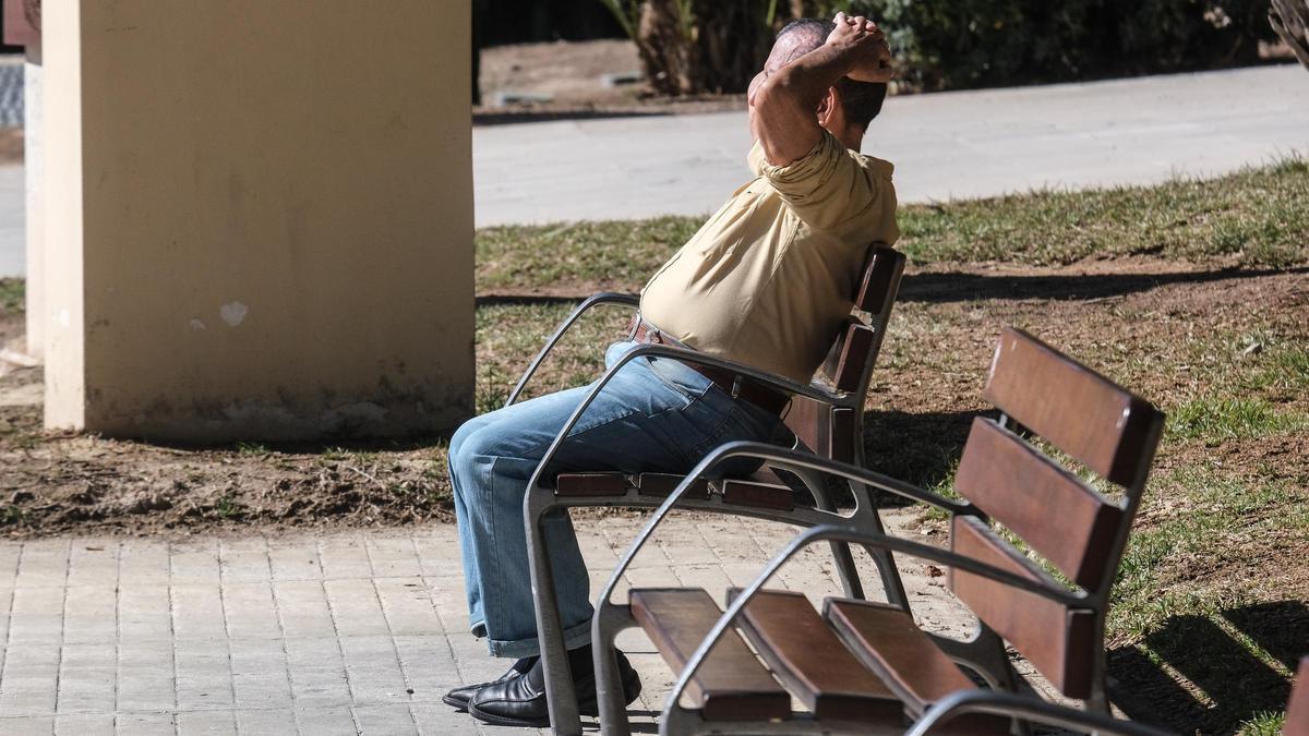Un pensionista toma el sol en un banco en Elche