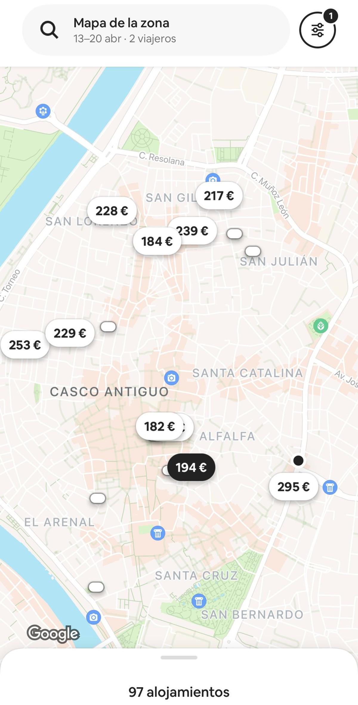 Precio de una noche en un apartamento en Airbnb durante la Feria de Sevilla 2024