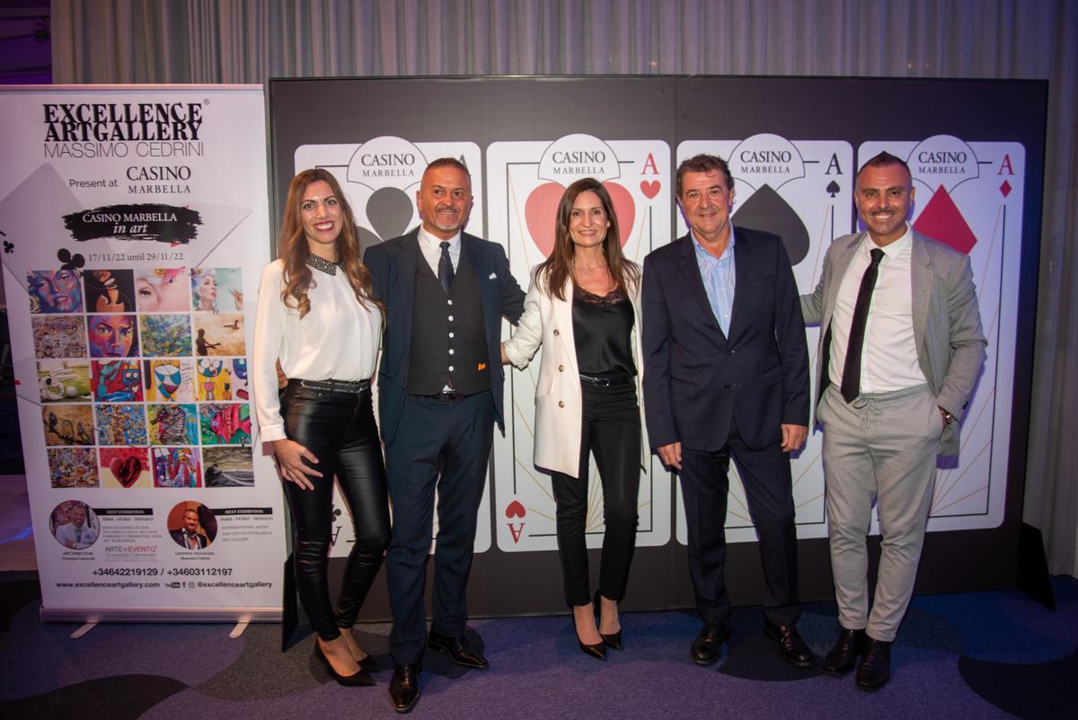 Massimo Cedrini, Tamara Feijoo, Vanessa L. Carulla, Javier Burgués y Giuseppe Carnevale en la Inauguración Casino Marbella Expo Art.