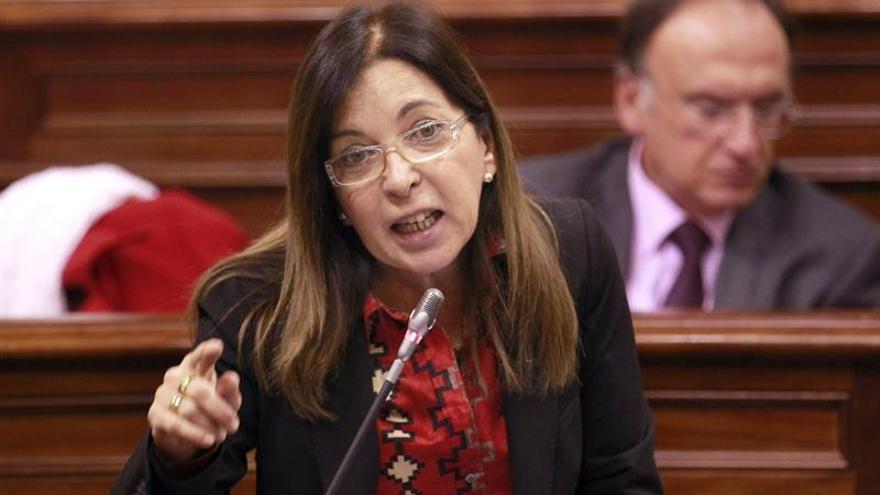 La consejera de Sanidad del Gobierno de Canarias, Brígida Mendoza, durante una de sus intervenciones en el pleno del Parlamento regional.