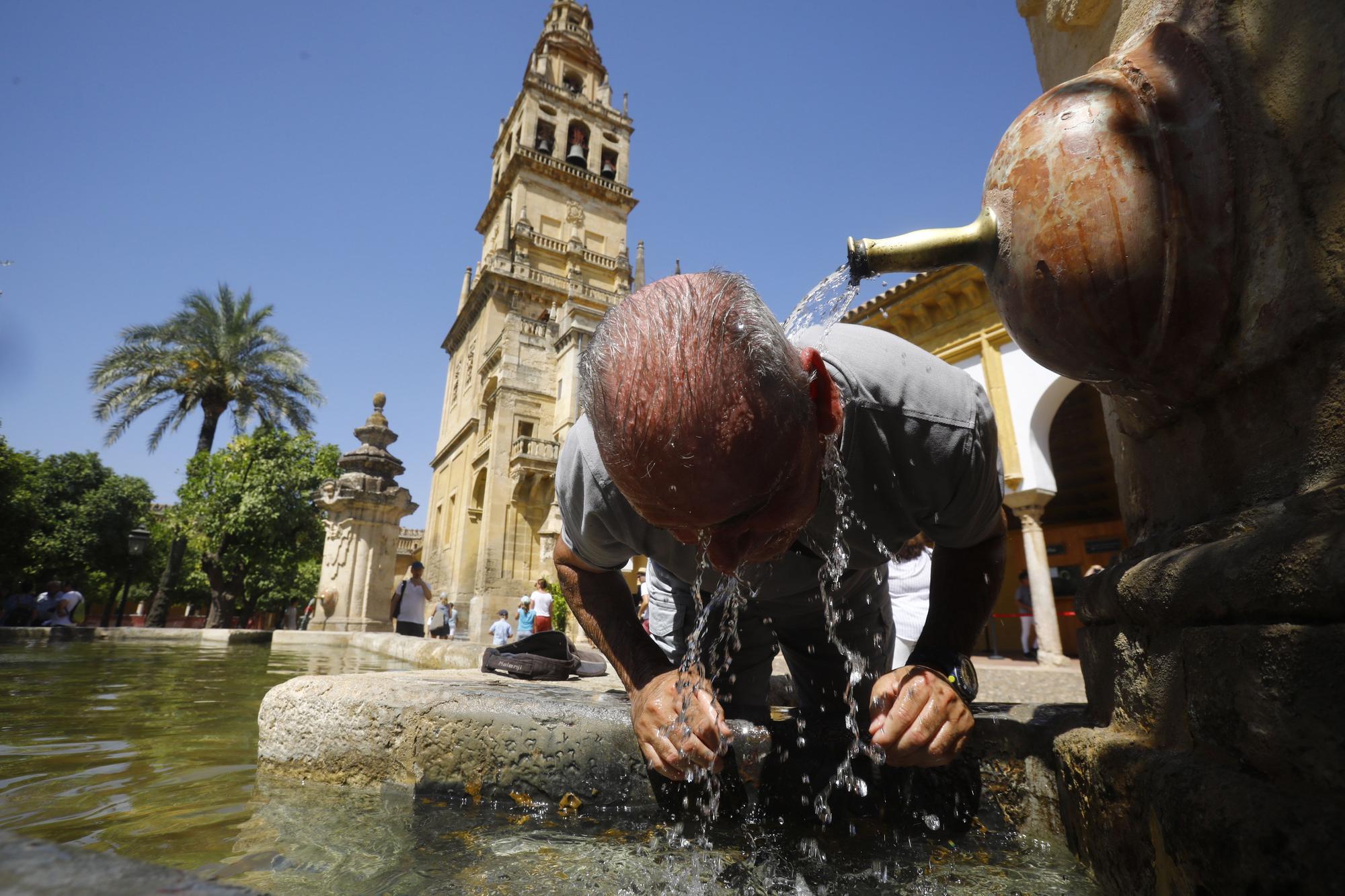 Un hombre se refresca en la fuente del patio de los naranjos de la Mezquita-Catedral de Córdoba.