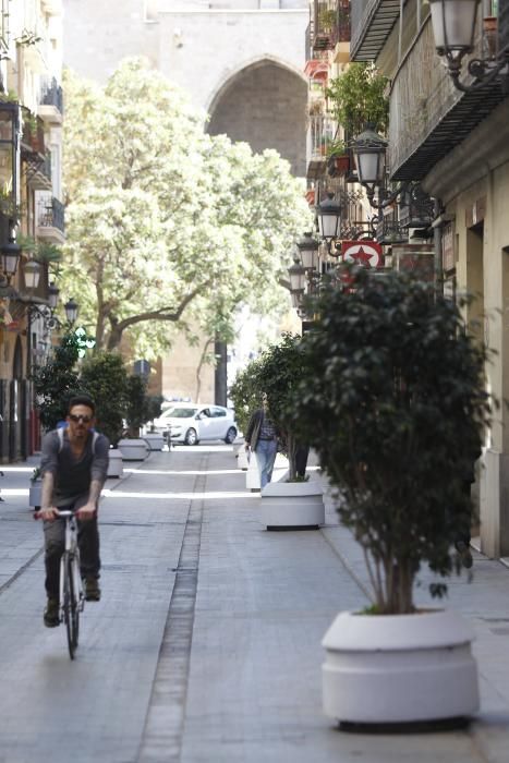 Bicis y peatones toman la calle Serranos.