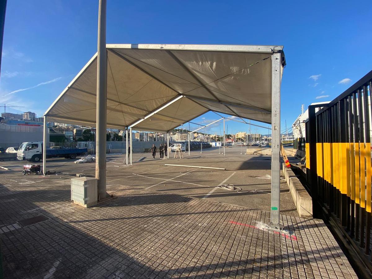 Inicio del montaje de la primera carpa para migrantes llegados en patera a Mallorca