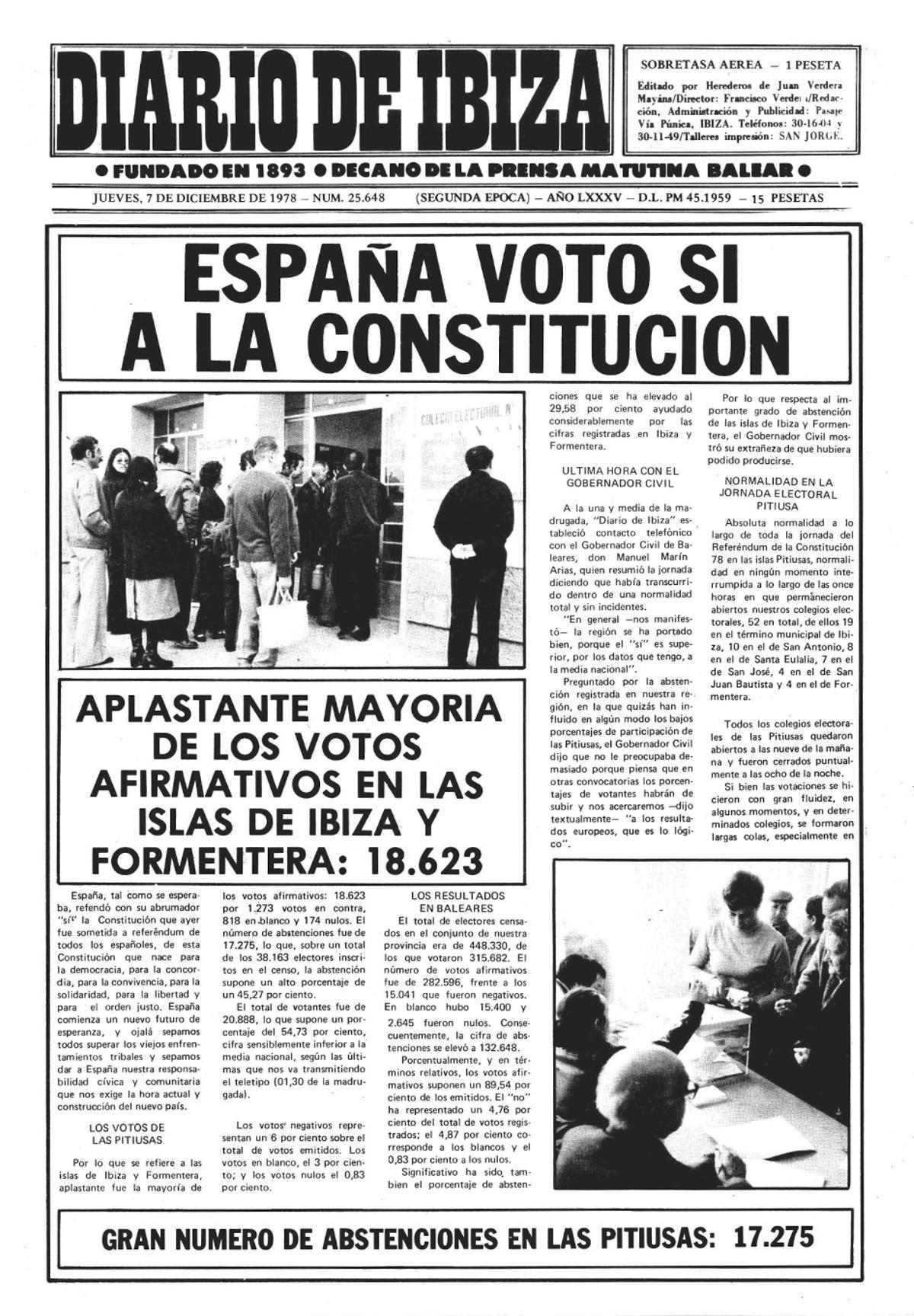 7 de diciembre de 1978. Apoyo masivo a la Constitución. Los ibicencos y formenterenses votaron masivamente a favor de la nueva Constitución en el referéndum del 6 de diciembre.