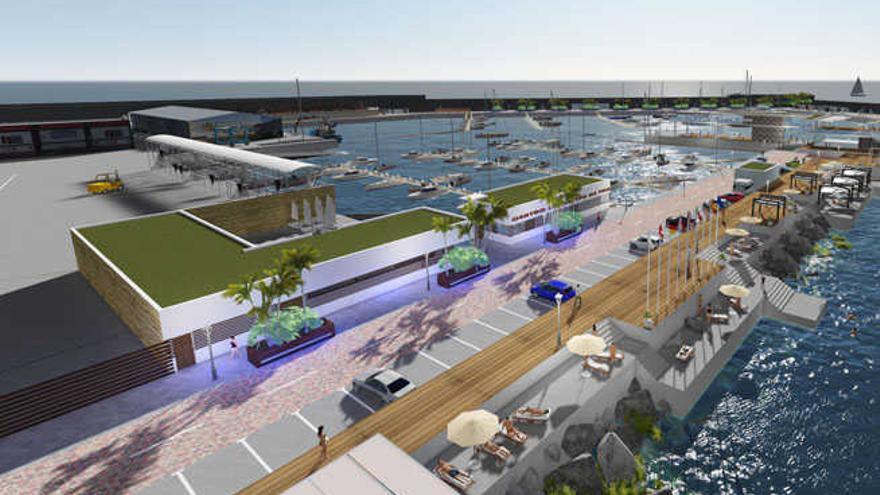 Infografía del proyecto del nuevo puerto de Arguineguín, con los atraques, las terrazas y las zonas de aparcamiento.