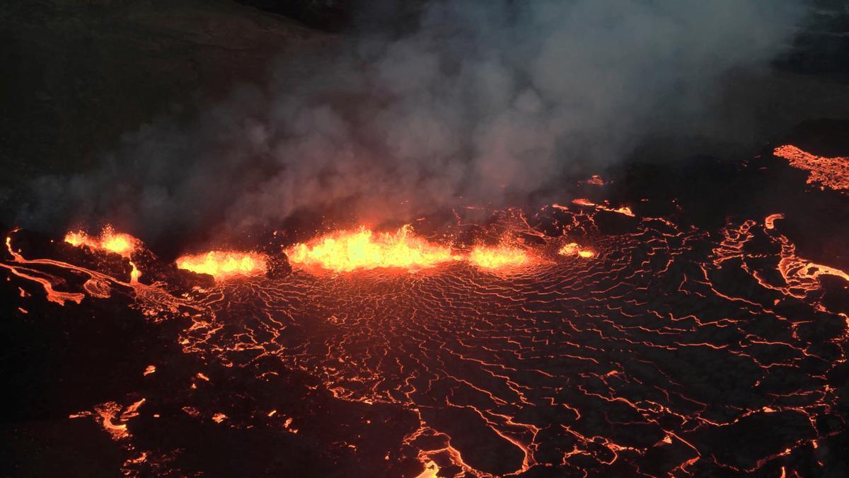 Lava oozes from a fissure near Fagradalsfjall volcano