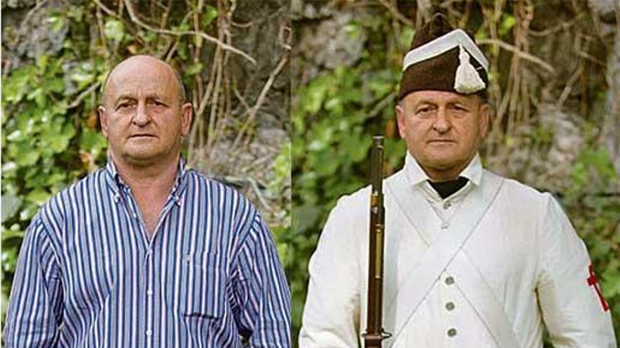 José Celso Álvarez García, de Sama, 58 años. Veterinario. Uniforme blanco, del Regimiento Provincial de Oviedo, a finales del XVIII. Ropa &quot;de fatiga&quot; (de campamento) para temporada de calor. Una de las características del Ejército español es que la hilera de botones siempre tenía números impares.