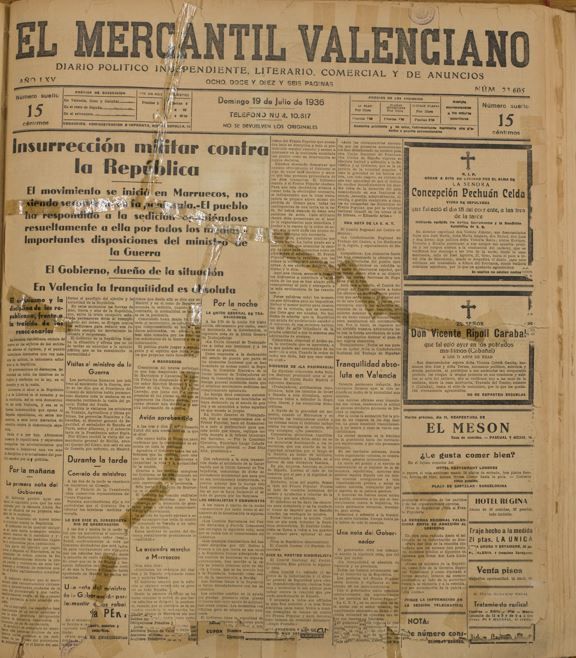 Portada del 19 de juliol de 1936 després del colp d’estat amb el qual es va iniciar la Guerra Civil Espanyola