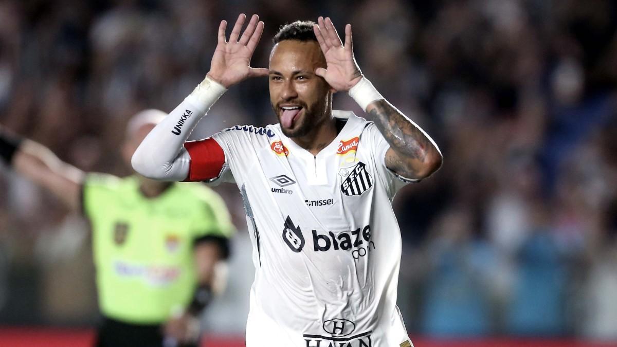 Neymar celebrando un gol con el Santos