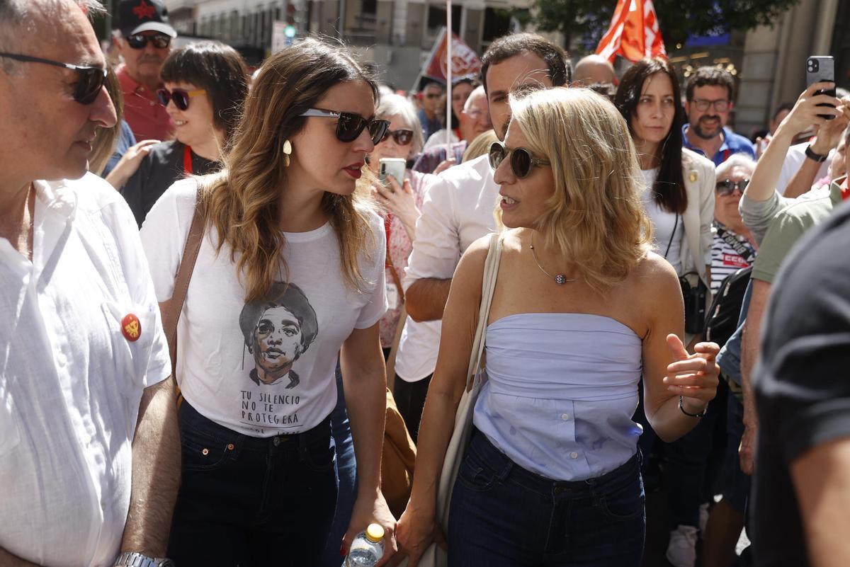 Irene Montero y Yolanda Díaz durante la manifestación con motivo del Primero de Mayo en Madrid