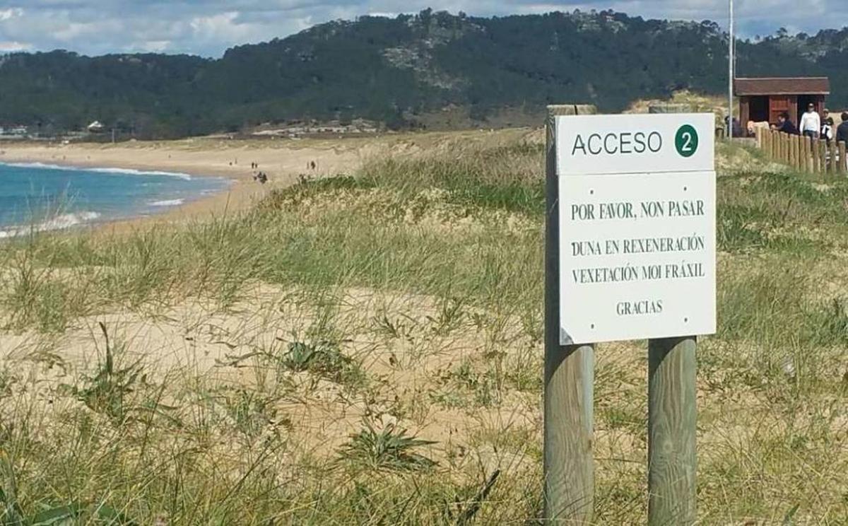 El cordón dunar de A Lanzada, con Monte Siradella (O Grove) al fondo. // FdV