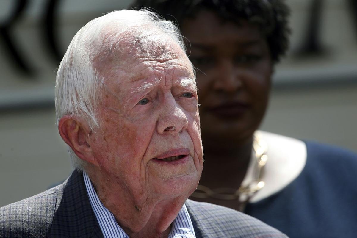 FILE- In this Sept  18  2018 file photo  former President Jimmy Carter speaks during a news conference  in Plains  Ga  A spokeswoman says former U S  President Jimmy Carter says he has broken his hip  She said that Carter underwent surgery at a medical center in Americus  Ga   AP Photo John Bazemore  File