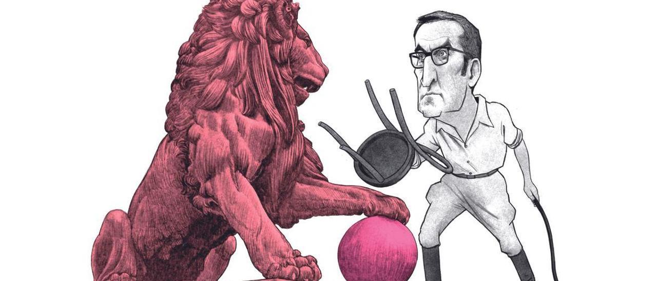 Ilustración de Alberto Núñez Feijóo encarándose a un león del Congreso color PSOE con bola color Sumar.