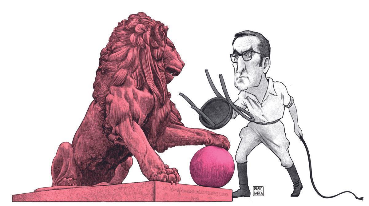 Ilustración de Alberto Núñez Feijóo encarándose a un león del Congreso color PSOE con bola color Sumar.
