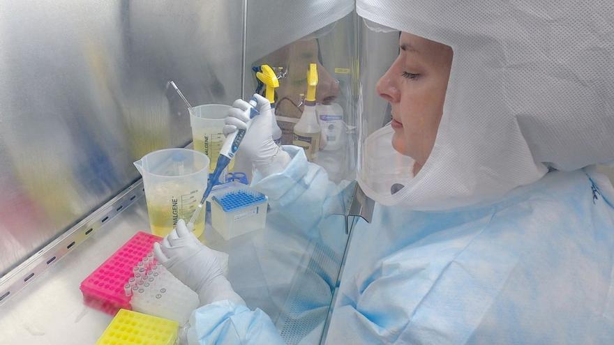 Una investigadora trabaja en un laboratorio microbiológico de biocontención.